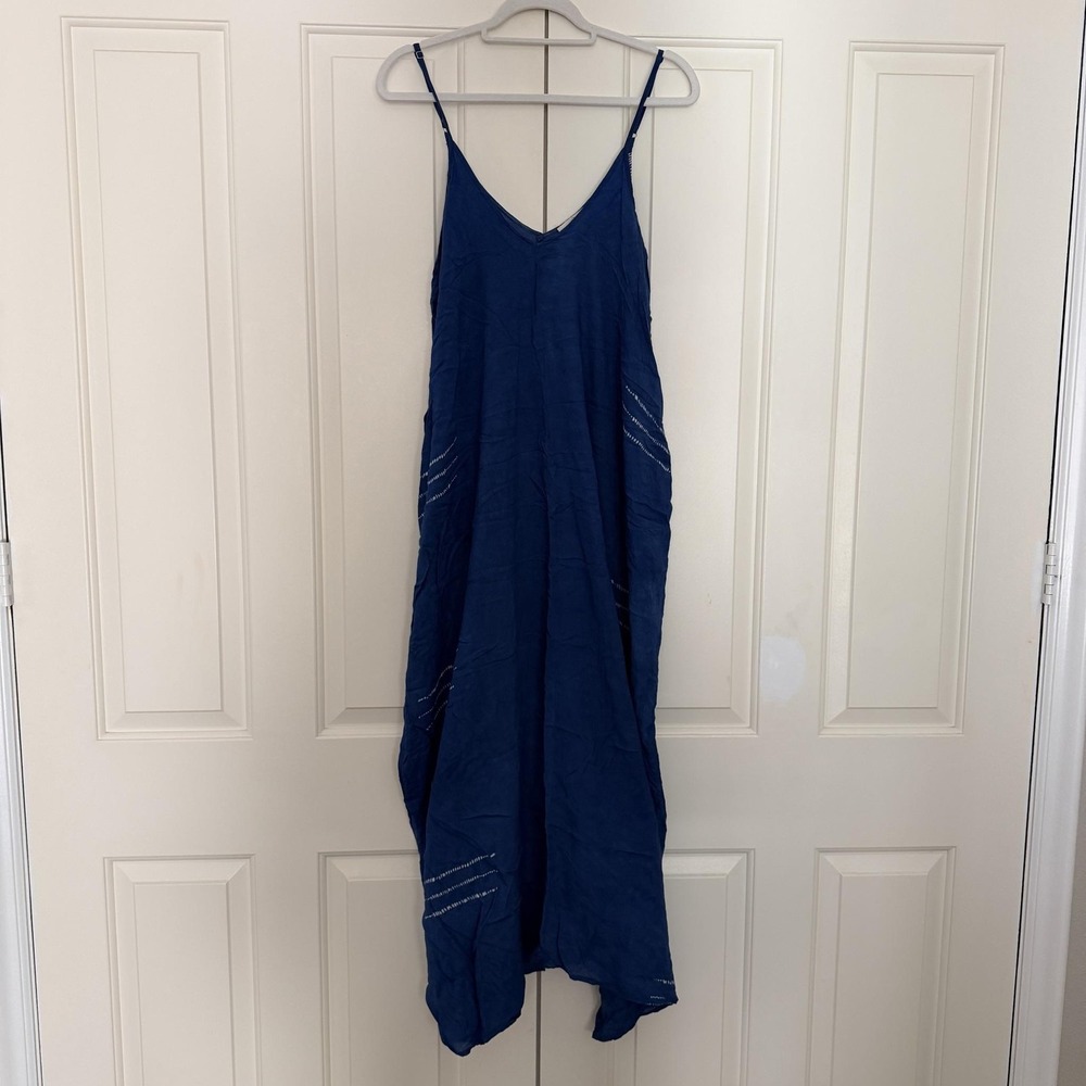 Lovestitch Dress Women S/M Blue Striped Maxi Trapeze Pocket Boho Tie DyeSundress